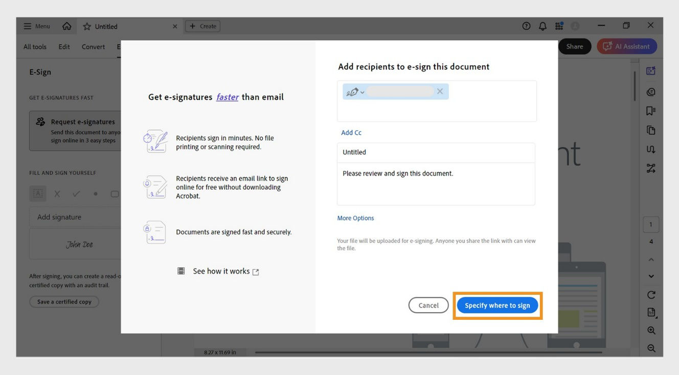A dialog box displays fields to add recipients, agreement name and an optional message along with the following options: Add Cc, More Options, and Specify where to sign.