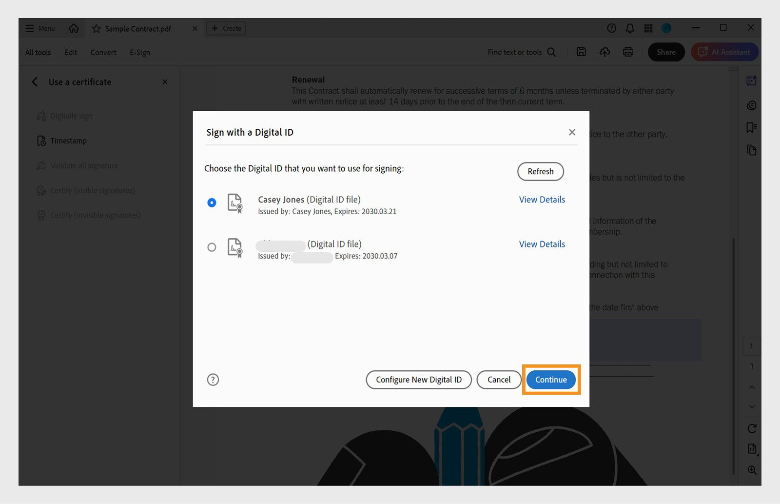 A dialog box in Acrobat displaying available digital IDs for signing. A digital ID is selected and the "Continue" button is highlighted.