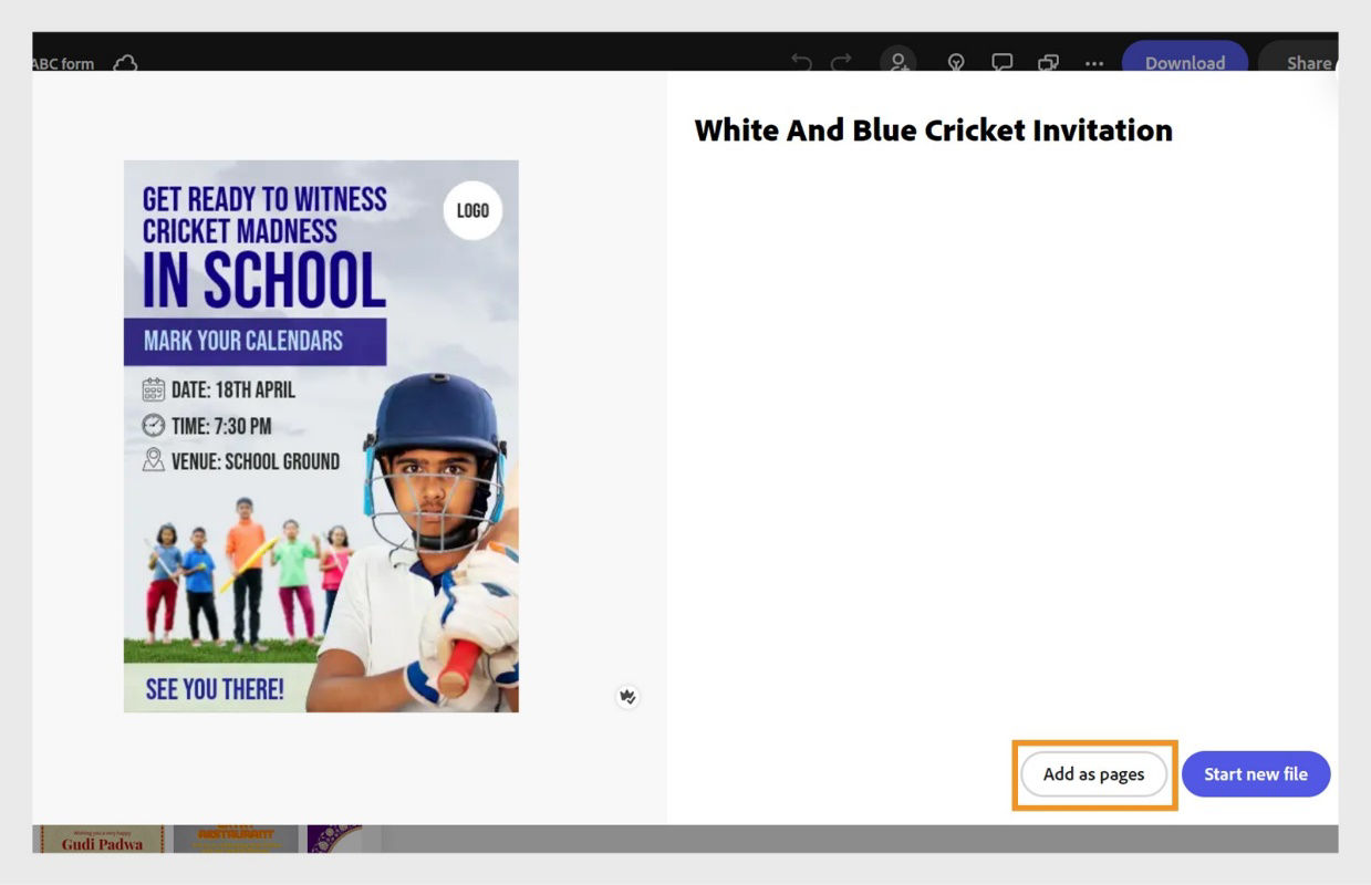 A dialog with Express template shows two  options - 'Add as pages' and ' Start a new file.' The former option is selected. 