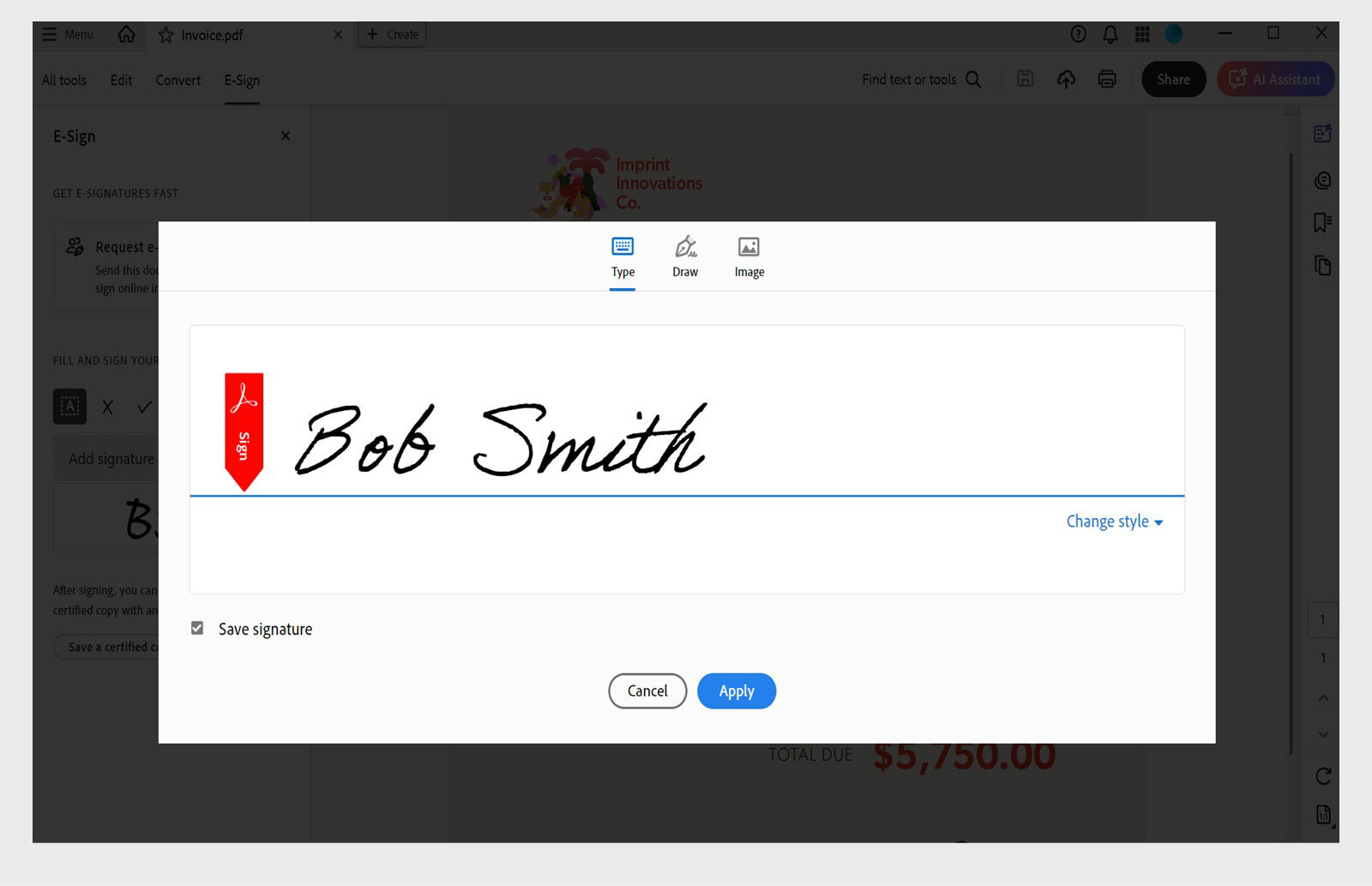 A digital signature dialog box in Acrobat shows the name "Bob Smith" with options to type, draw, or upload an image signature.