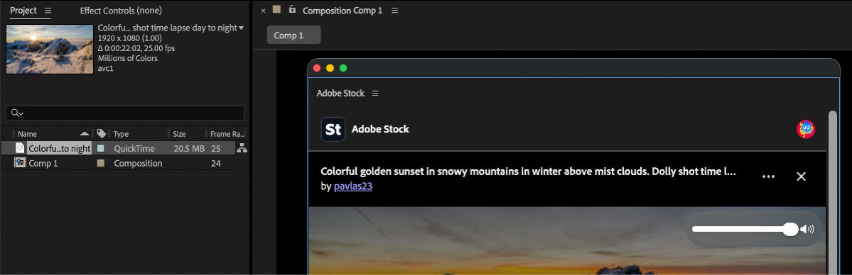 A downloaded Adobe Stock image appears as a new item in the Project panel in After Effects.
