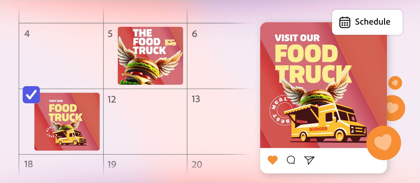 A food truck calendar with the text "Schedule" above four dates with visit our food truck written below them.