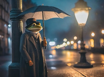 A frog standing upright on a wet street at night. The frog is dressed in a coat, hat, and glasses and is holding an umbrella. The background features illuminated street lamps, creating a bokeh effect with the lights reflecting on the wet surface of the street.