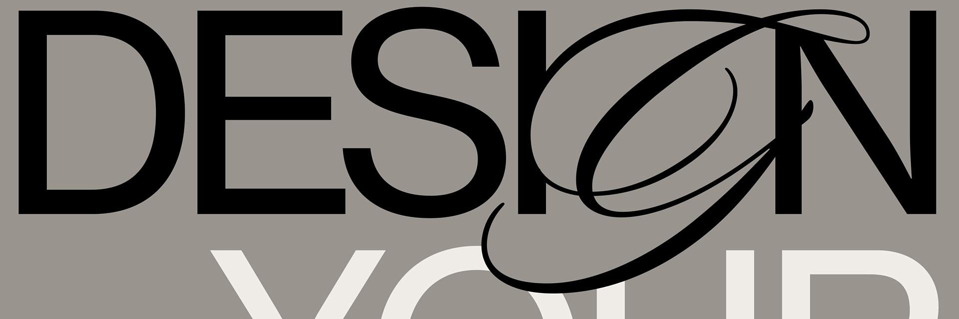 A gray, white, and black type-based design, shown up close in detail, that combines letters styled in sans-serif and script style fonts within the same word.