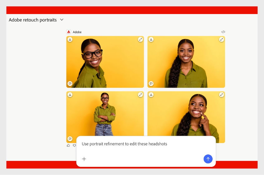 A grid of headshots shows different portrait edits on the same subject.