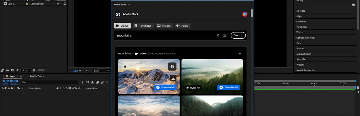 A keyword search in the Adobe Stock panel displays thumbnail previews of matching images and videos.