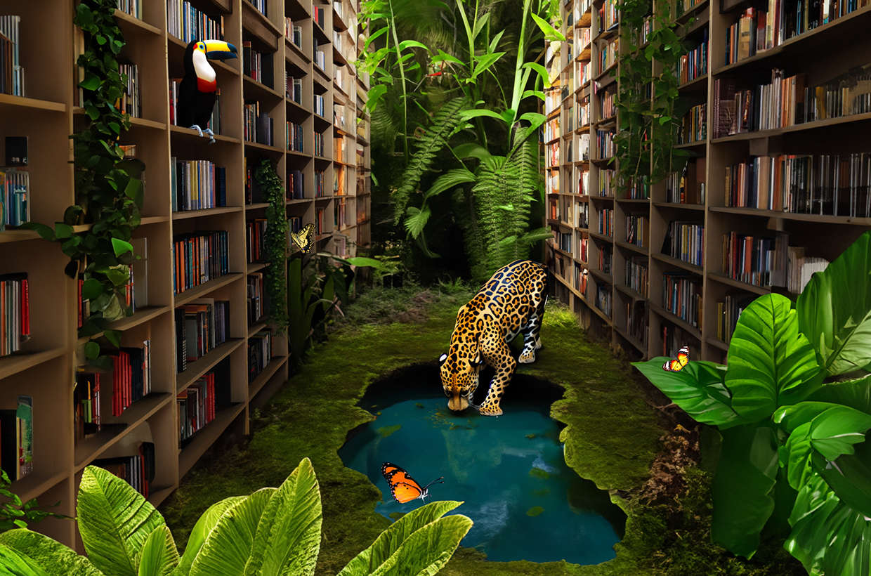 A leopard drinking water in a libraryDescription automatically generated