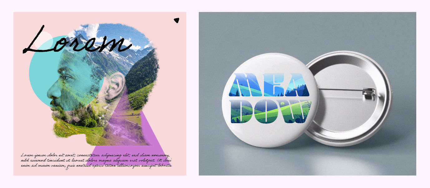 A man's profile as a masking object on the left, and a text as a masking object on the right showing two different opacity mask effects.