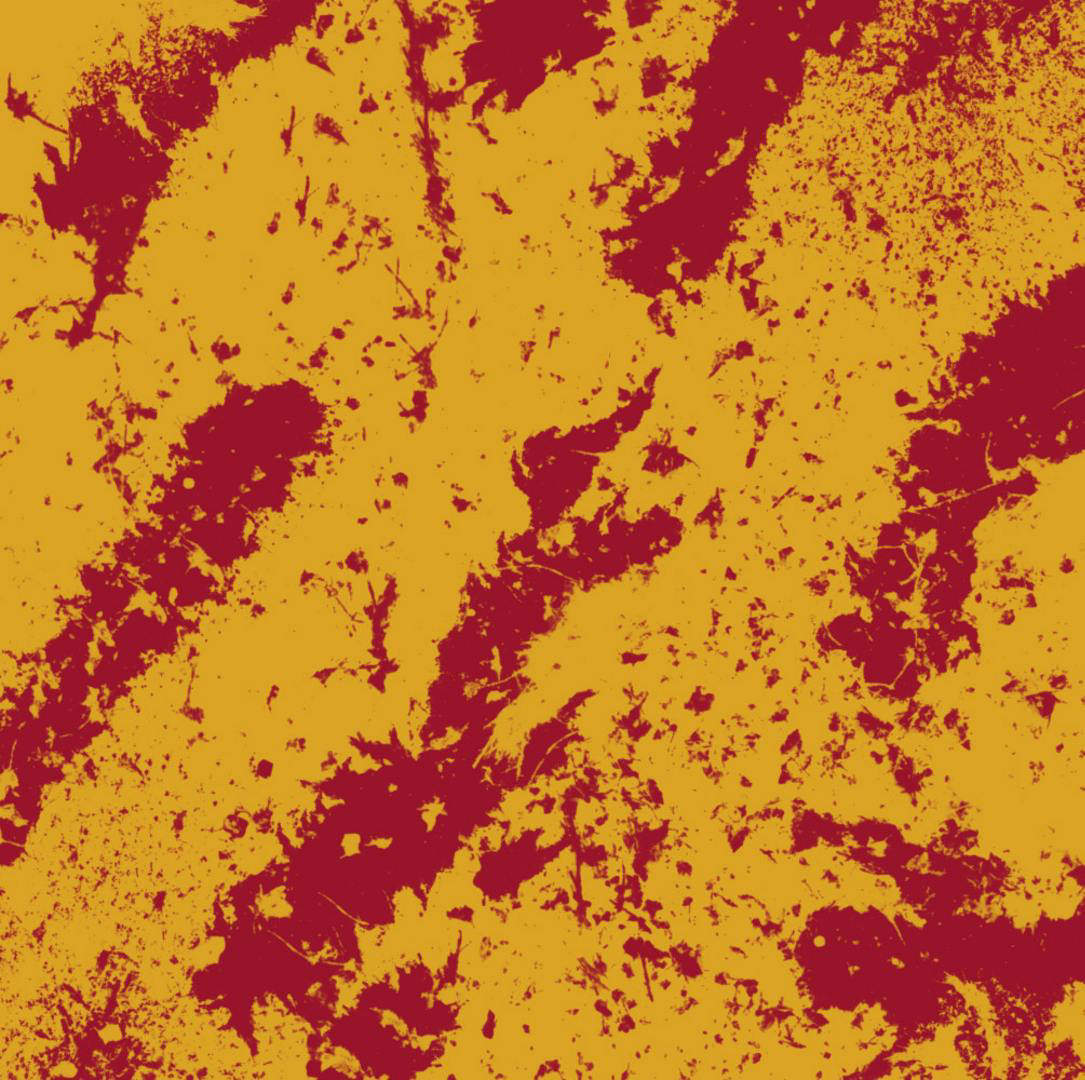 A mustard yellow square with distressed, red splatters and marks on top.
