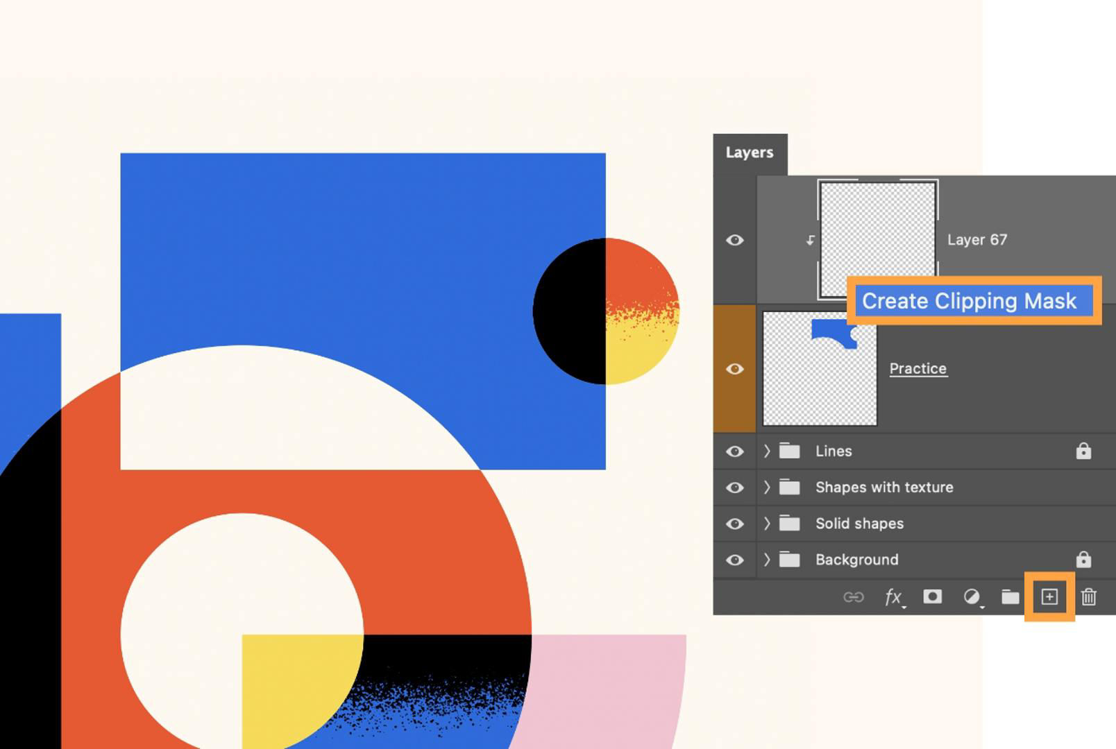 A new layer is above the Practice layer with Create Clipping Mask selected in the Layers panel in front of Ray’s composition.