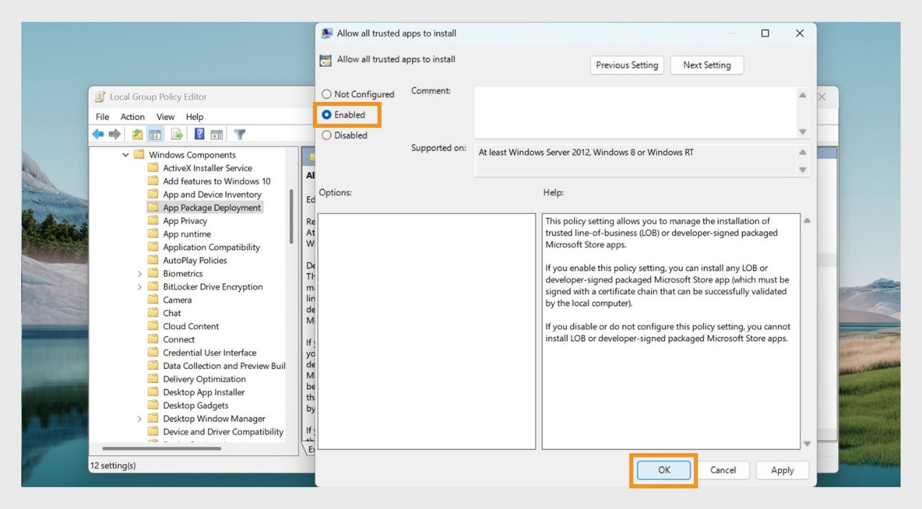 A new window displays settings for 'Allow all trusted apps to install,' including Not Configures, Enabled, and Disabled.