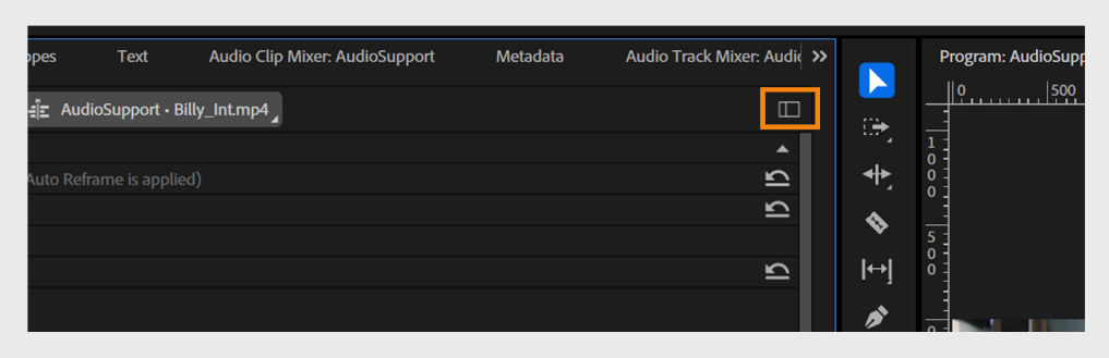 A part of the Effects Control panel is displaye, and the Show/Hide Timeline View icon is highlighted, it's used to expand the panel with a view of the timeline 