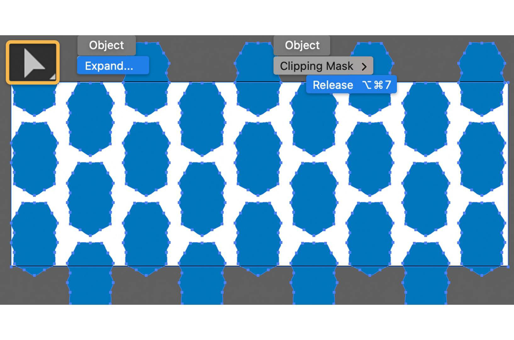 A pattern of blue wavy shapes extends the top and bottom of a white artboard. Object > Expand and Object > Clipping Mask > Release are shown.