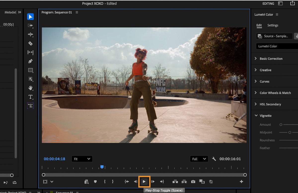 Program Monitor showing the Play-Stop Toggle button used to play or pause the active sequence.