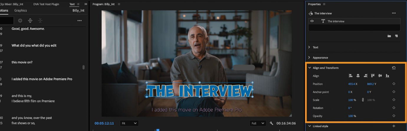 The Align and Transform panel is open in Premiere Pro, showing options for distributing and aligning selected text layers.