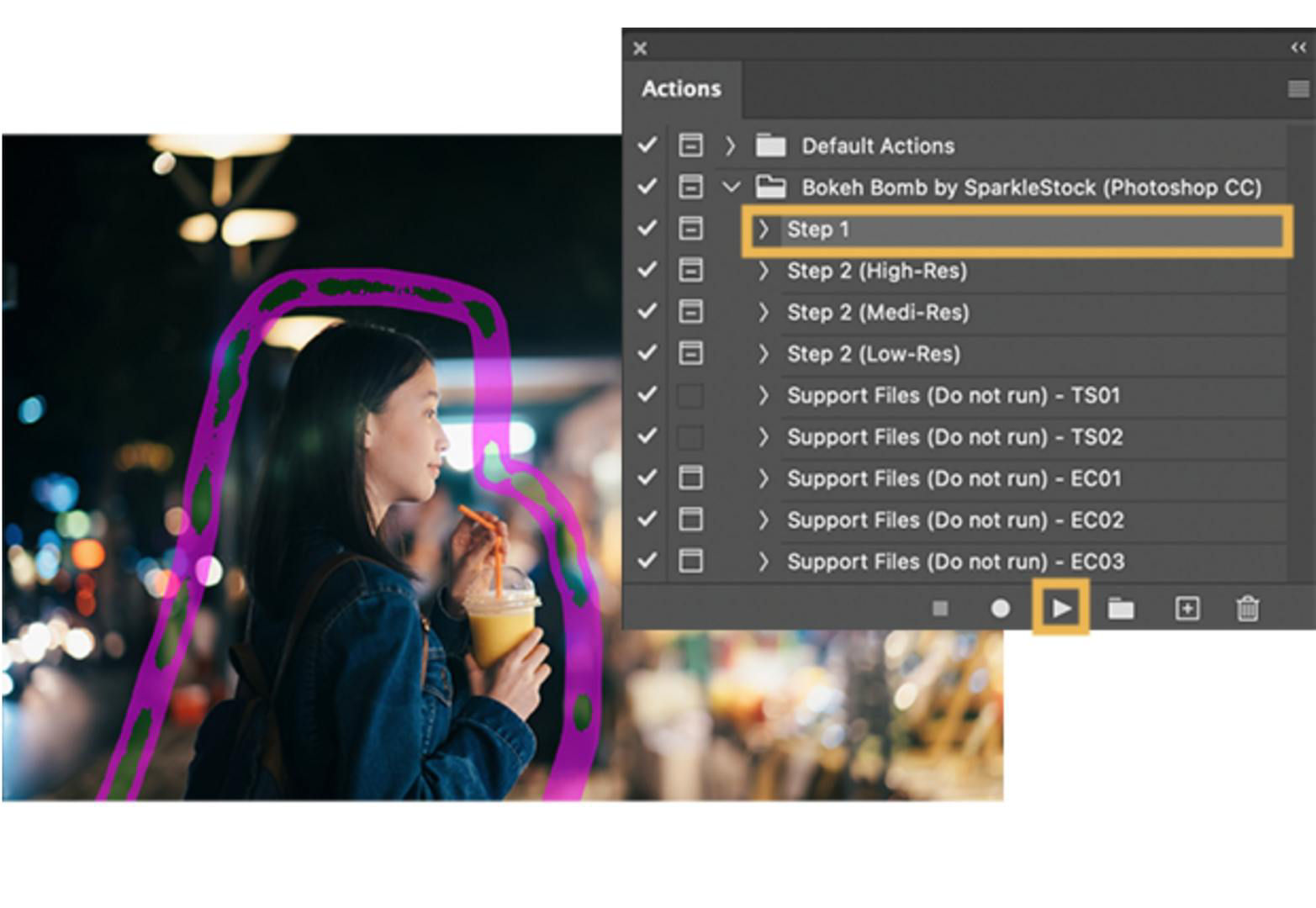 A photograph of a woman holding a drink at night in a city is shown behind the Action panel. The woman is loosely traced in purple, and Step One of the Bokeh Bomb action is highlighted.