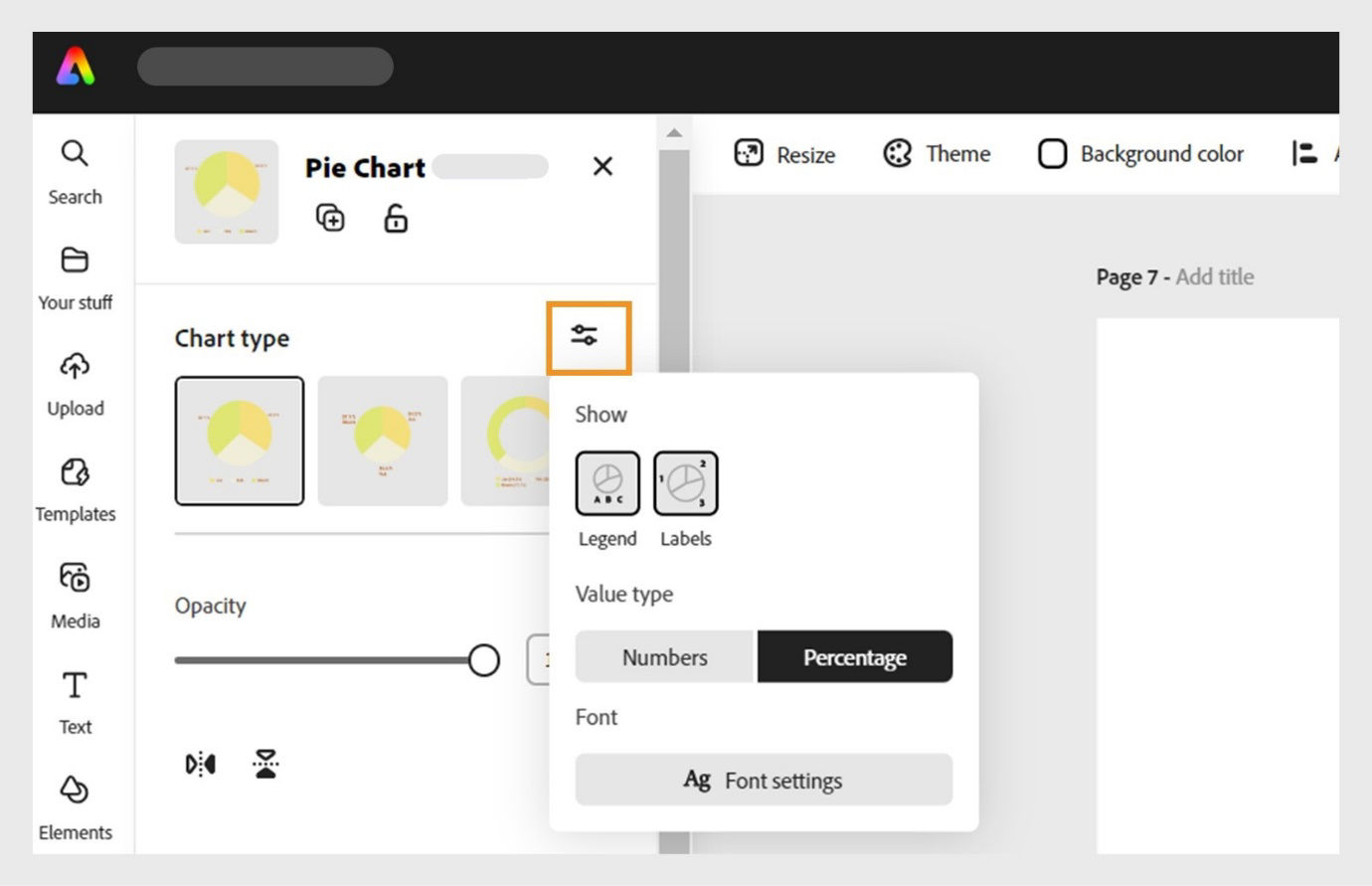 A pie chart is open in the Adobe Express editor with the chart type section showcasing a lot stylized charts. The properties icon is highlighted which shows styling options for labels, legends, and font settings.