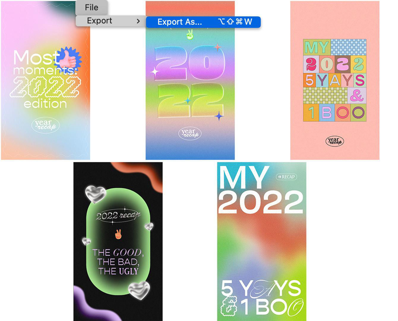 A preview of all five templates, now ready to be Exported, and abbreviated UI that demonstrates how.