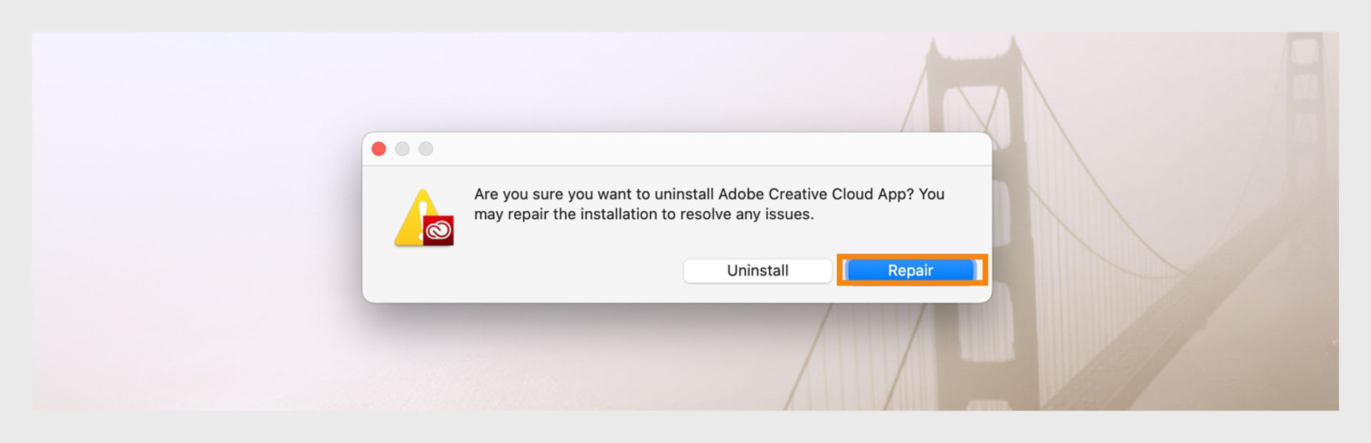 A prompt asking users whether they want to uninstall Adobe Creative Cloud app or attempt to repair the installation.