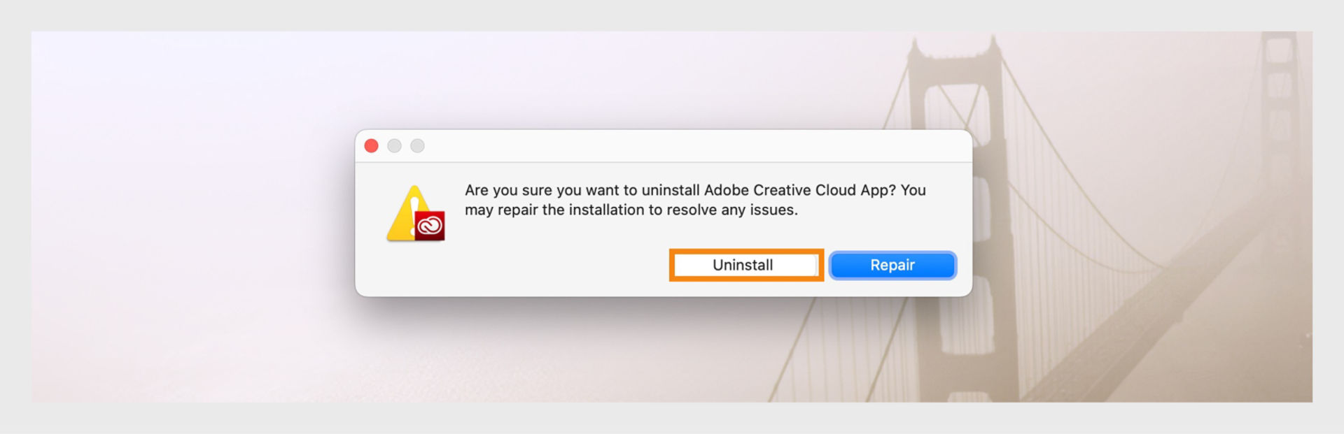 A prompt asking users whether they want to uninstall Adobe Creative Cloud app or attempt to repair the installation.