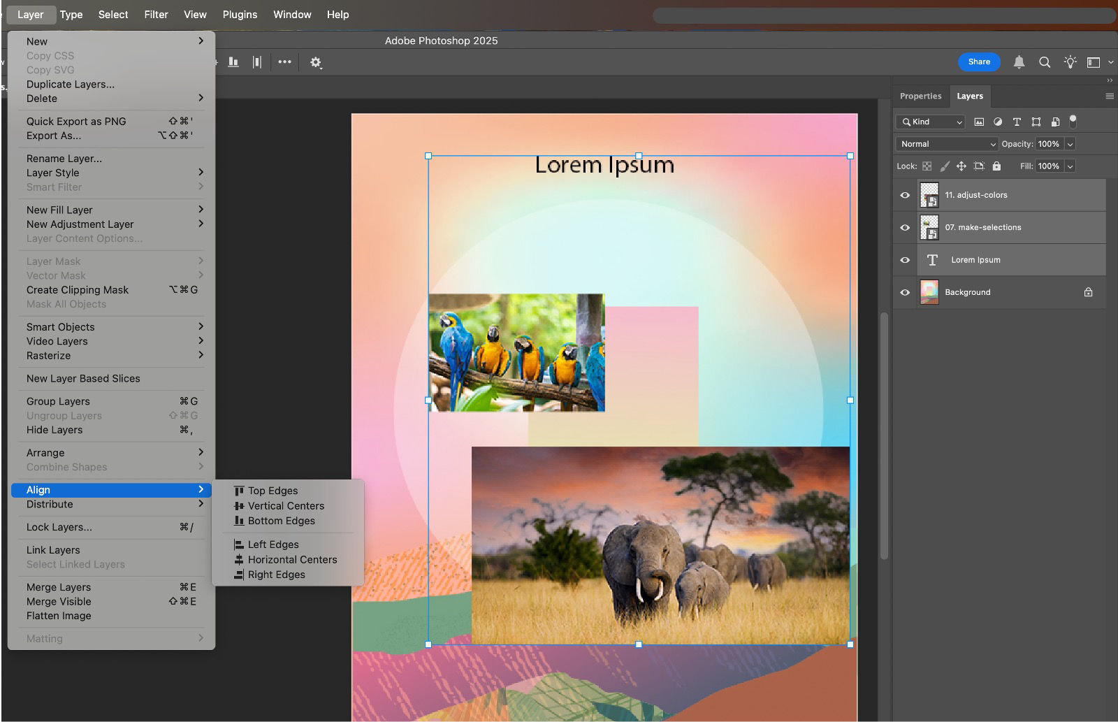 A sample document showing selected layers in the Layers panel and Align options in the Layer menu.