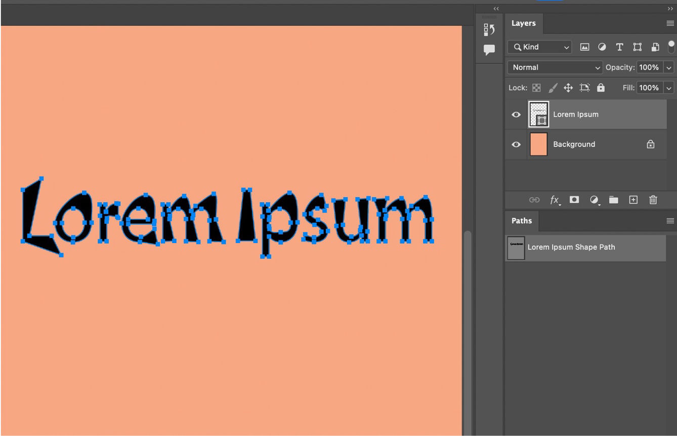 A sample document showing text converted to shape with the anchor points visible. The Layers panel is open.