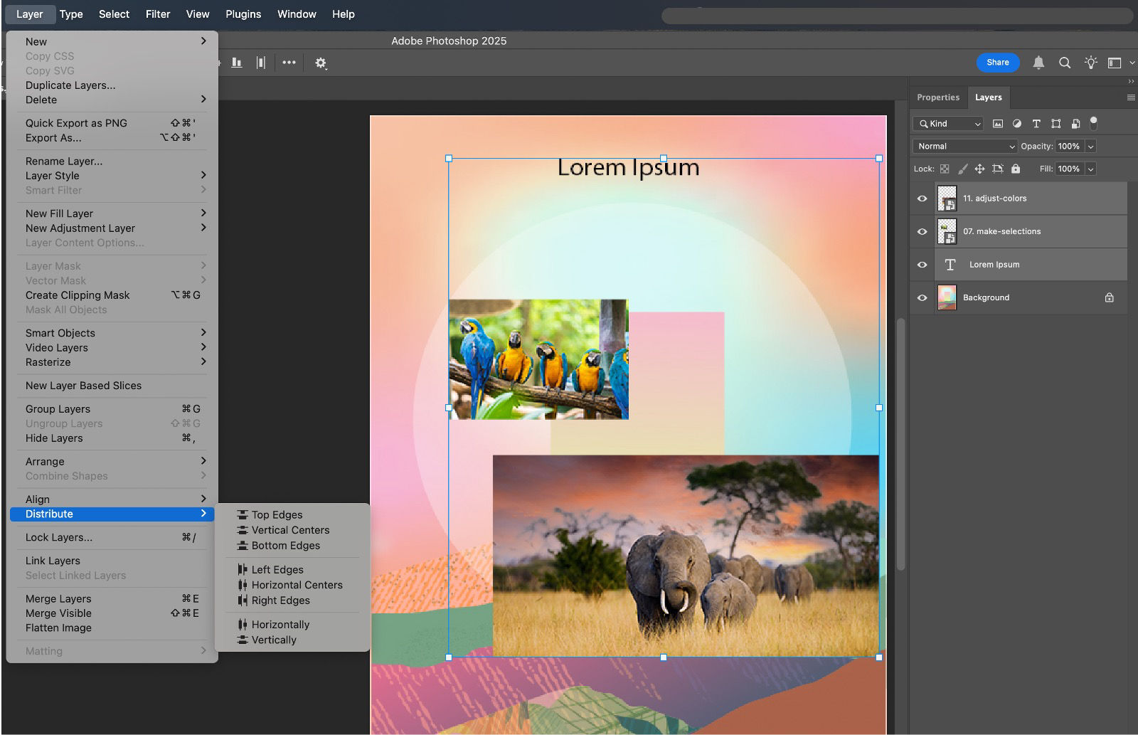 A sample document showing the selected layers in the Layers panel and the Distribute options in the Layer menu.