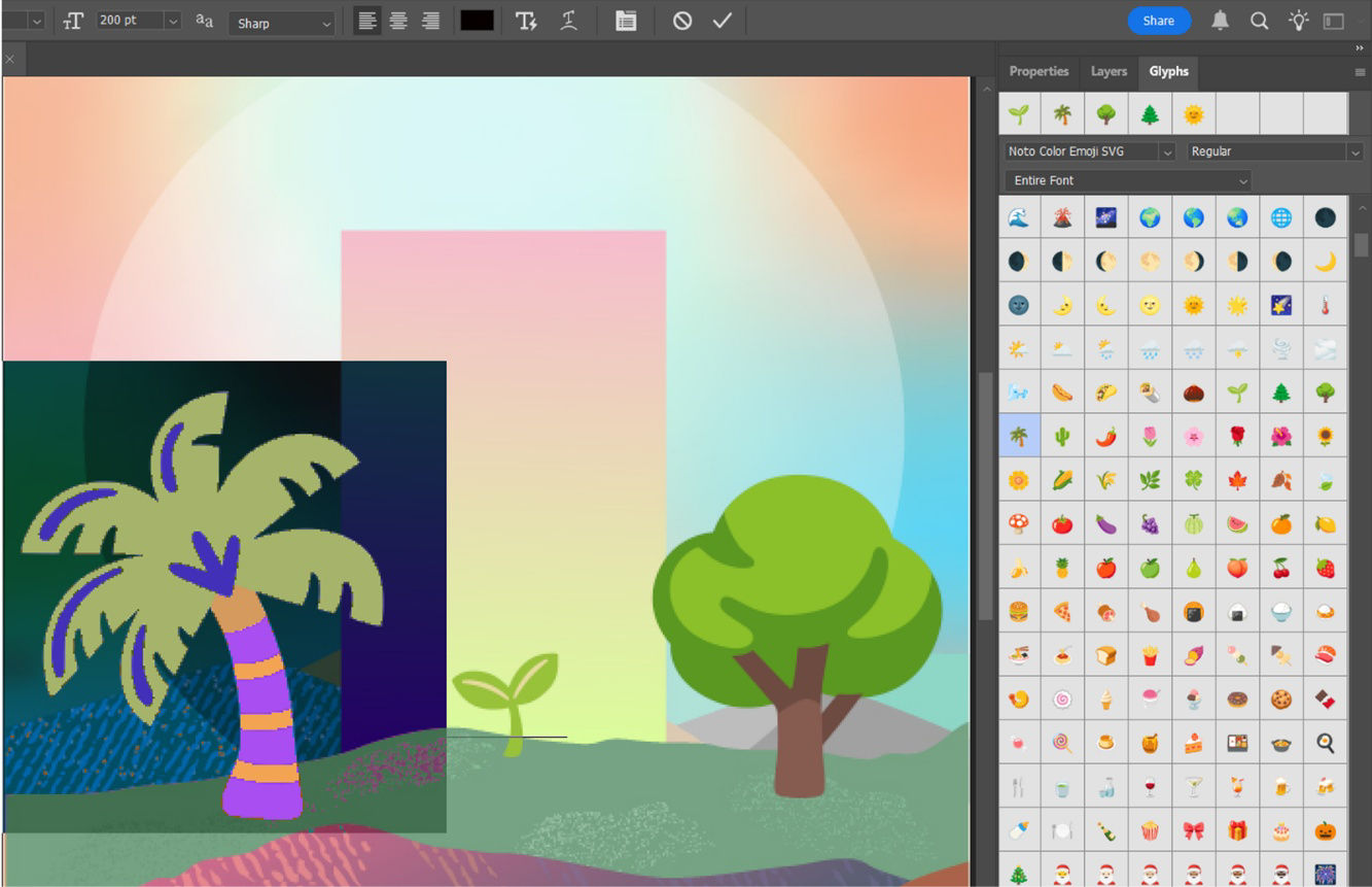 A sample document showing tree emojis added as point text with the Glyphs panel open.