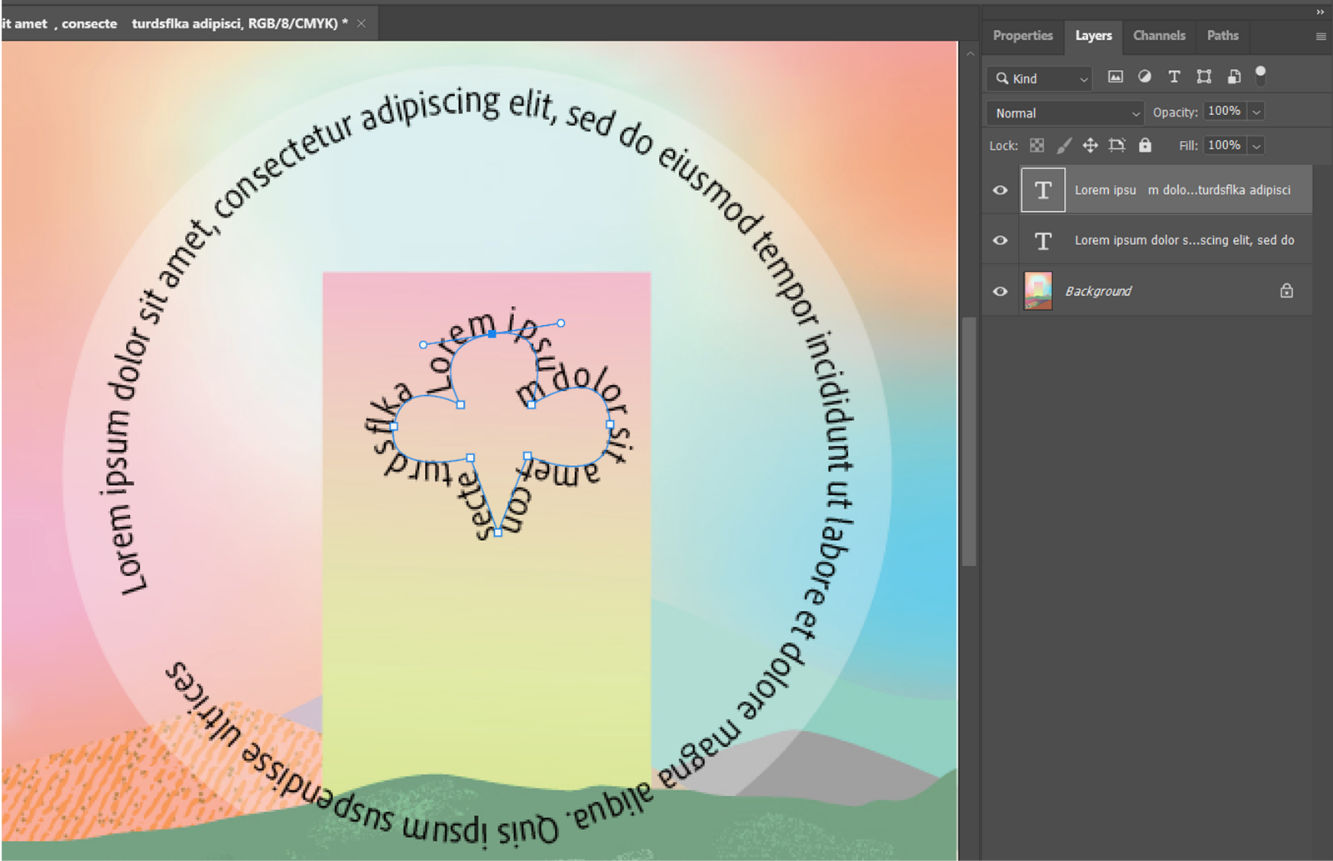 A sample document showing two text paths, one in a custom shape showing the anchor points, and the Layers panel visible.