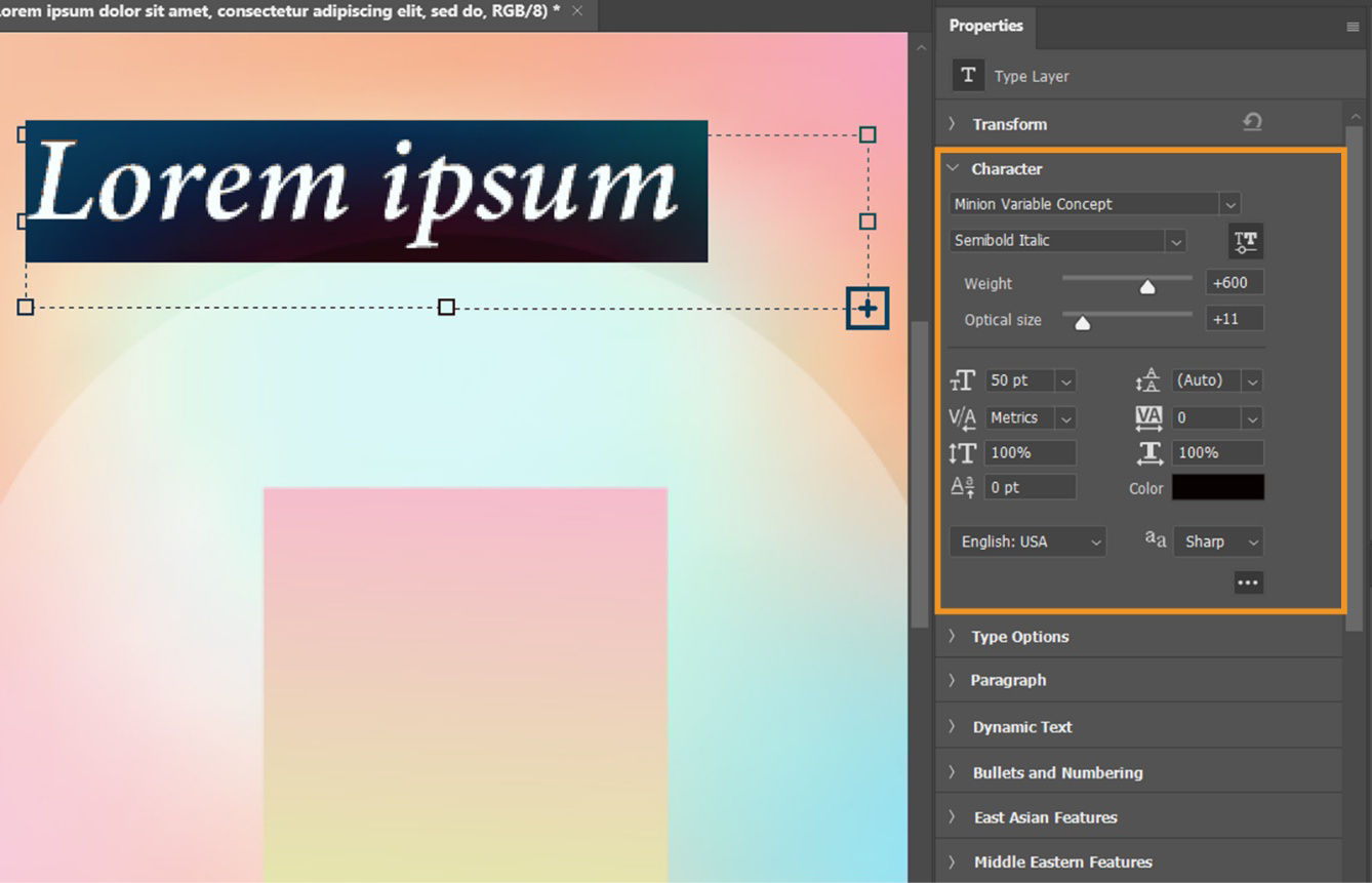A sample document with selected text and Properties panel Character section showing variable font controls.