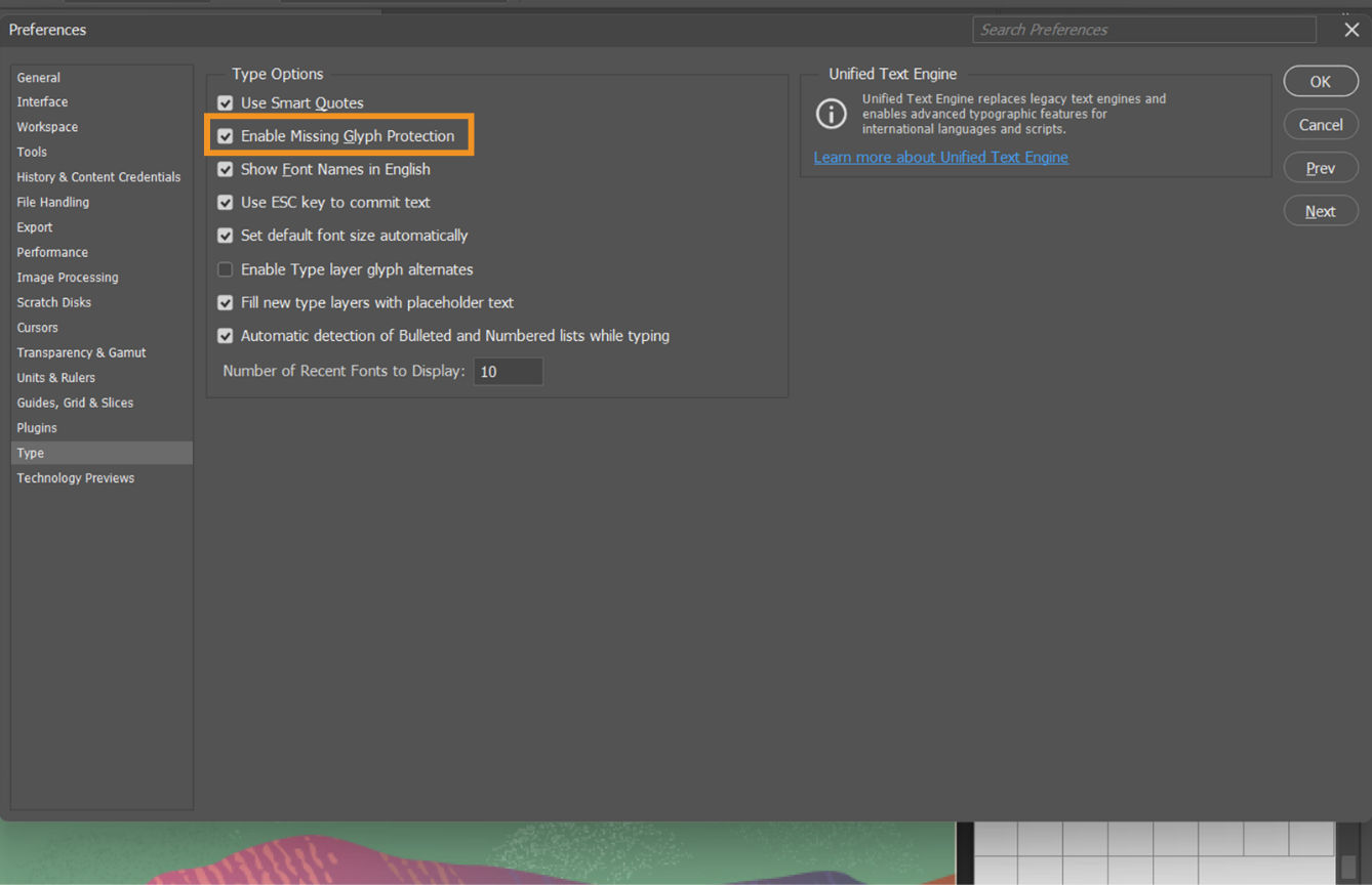 A sample document with the Preferences panel open with the Enable Missing Glyph Protection option highlighted and checked.