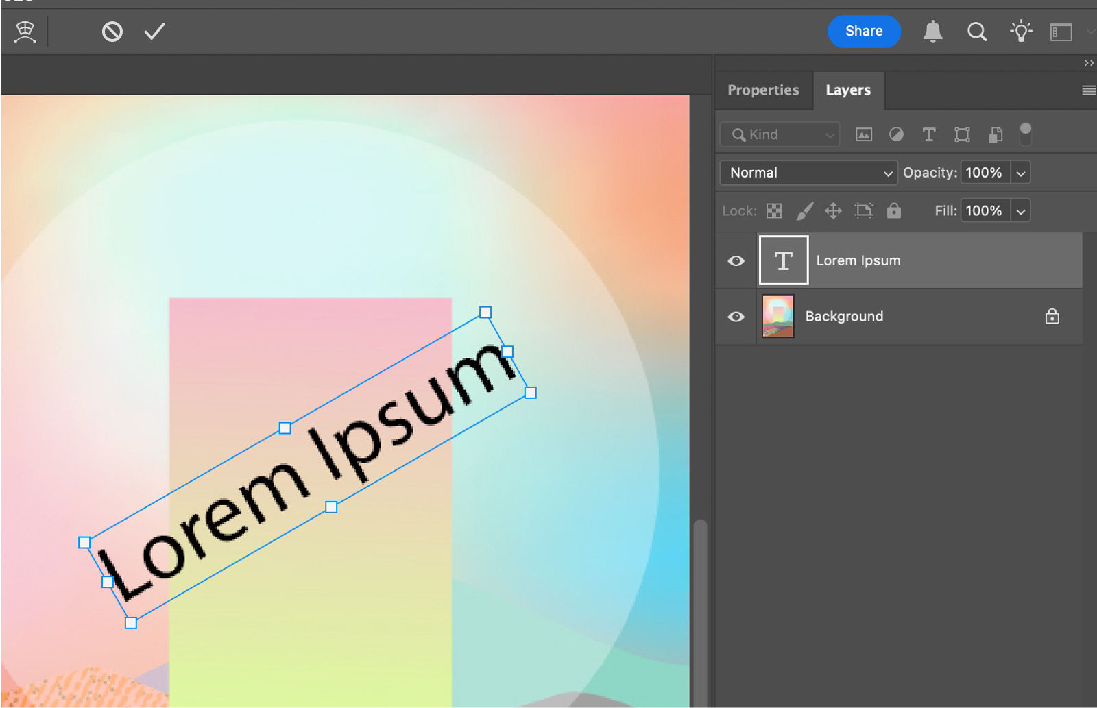 A sample text is rotated and selected in the Layers panel.