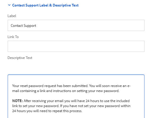 Contact Support Label and Descriptive Text interface