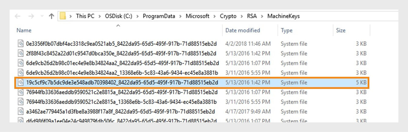 A screenshot displaying Windows directory to store cryptographic keys used by the system and various applications for security purposes.