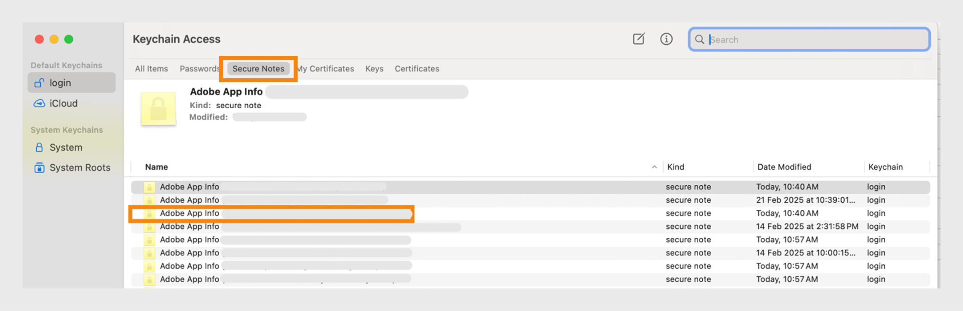 A screenshot of Keychain access window to manage and view secure notes stored in the user's keychain. 