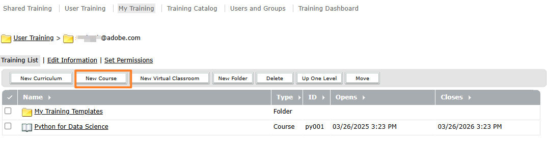 My Training interface showing the option of New Course