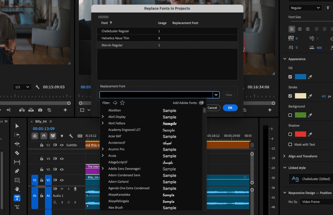 Replace Fonts in Projects dialog box open, with the Replacement Font dropdown highlighted for selecting a new font to update text layers across the project.