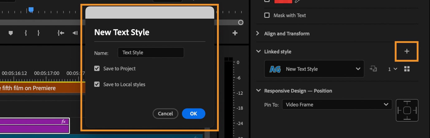 New Text Style dialog box is open with options to name and save the style to Project or Local Style highlighted.