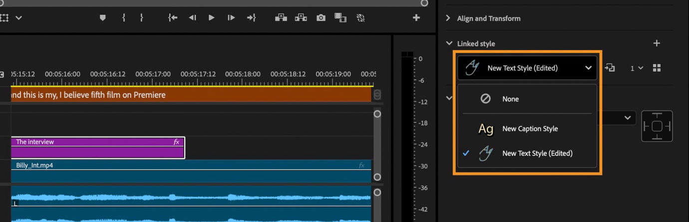 The Linked style dropdown in the Properties panel showing text and caption styles that can be applied to the selected clip in the timeline.
