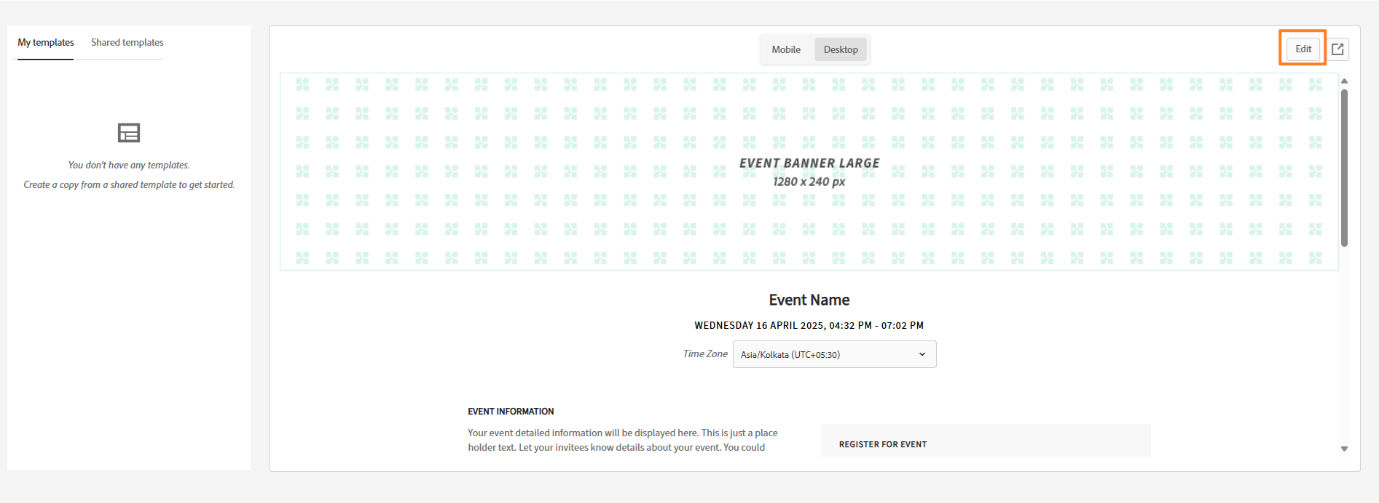 Desktop view of the event template