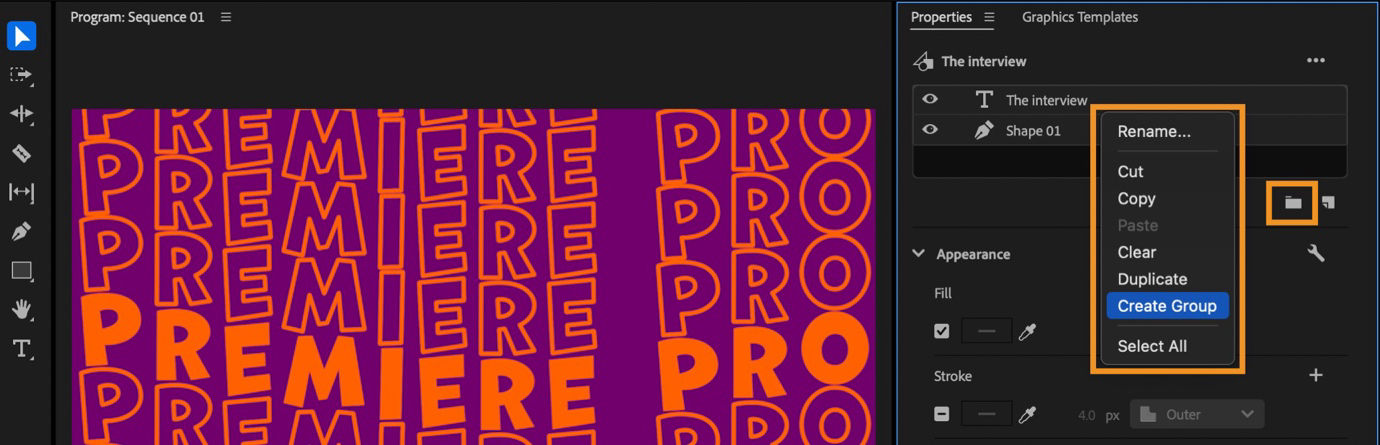 Selected text and shape layers in the Properties panel with Create Group highlighted for organizing them into a single group.