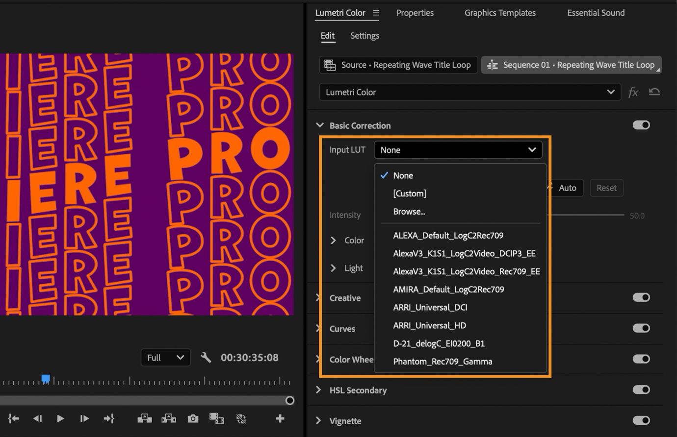 The Lumetri Color panel shows the Input LUT dropdown menu open. It has various color grading presets like ALEXA, AMIRA, and ARRI options. The Program Monitor shows a text animation preview.