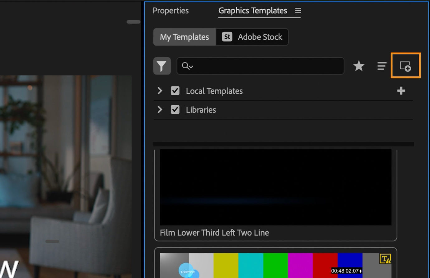 The Graphics Templates panel is open and there are options to browse Local Templates and Libraries. The Install Motion Graphics template is highlighted so that you can install a new one.