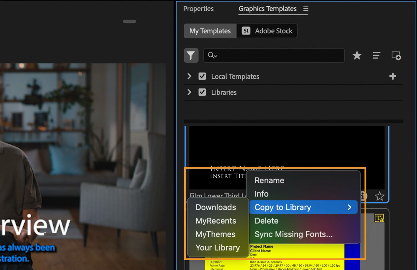 A Motion Graphic template is selected from the Browse tab in the Essential Graphics panel, with the Copy to Library option chosen and a list of folders available for selection.