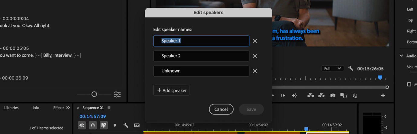 The Edit speakers dialog box is open and it has options to rename and also add a new speaker.