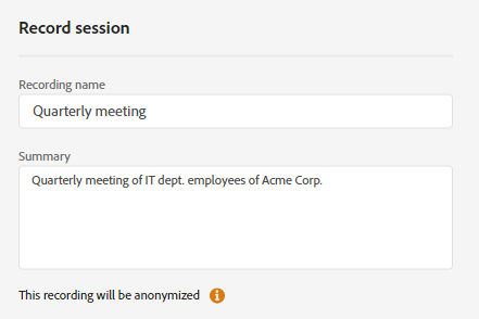 Record session pop up window