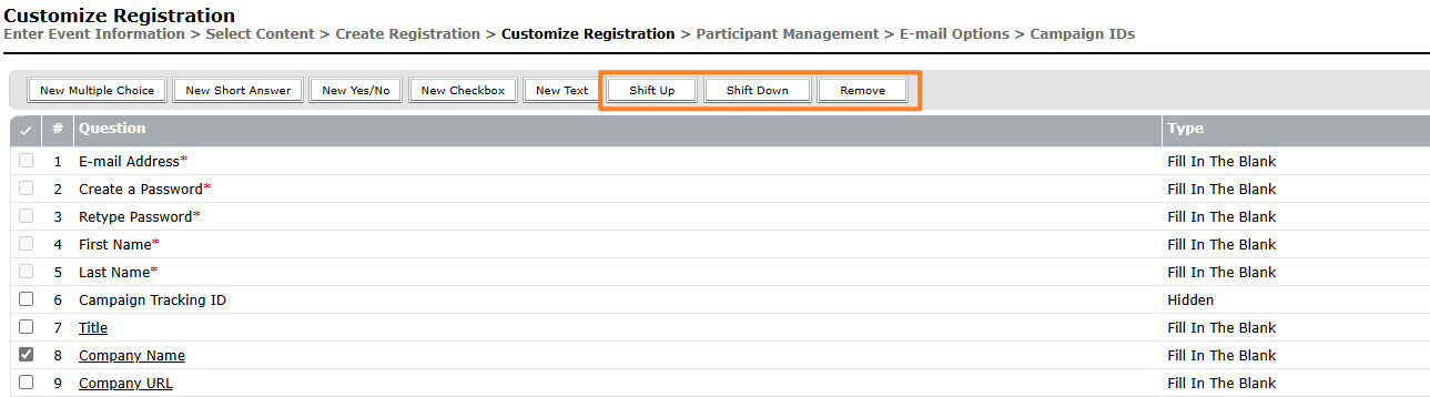 Customize Registration page showing the options for arrangement of questions