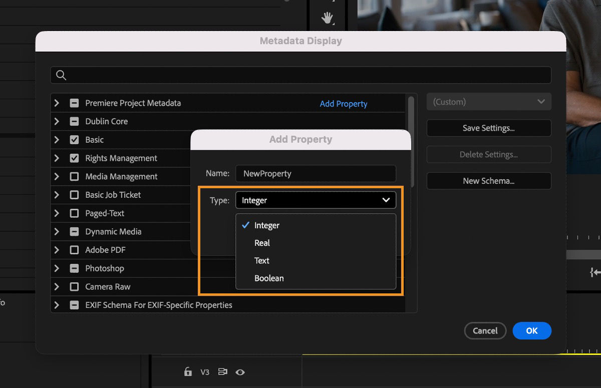 Add Property dialog box is open showing the Type dropdown with options Integer, Real, Text, and Boolean.