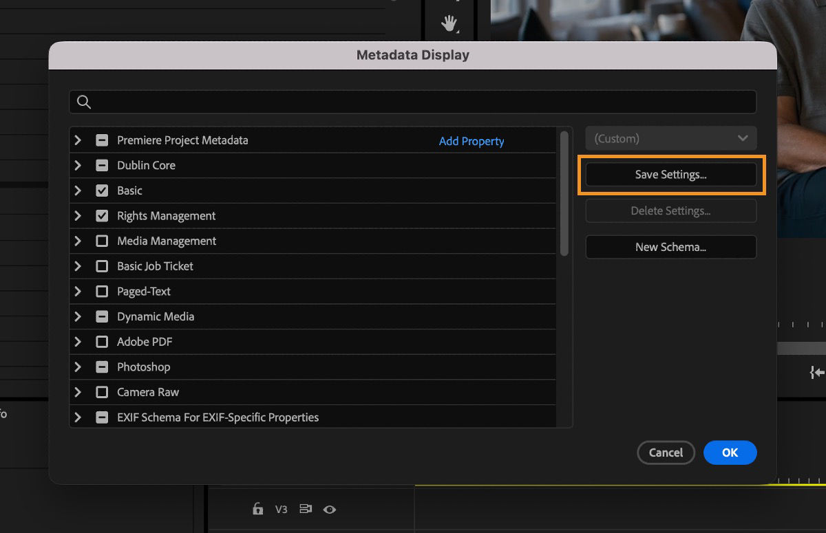 The Metadata Display dialog box shows the Save Settings button that can be used to save a custom metadata set.