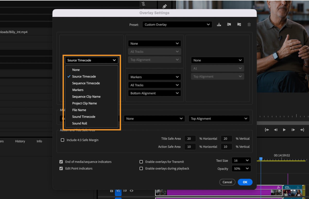 Overlay Settings dialog showing a dropdown with overlay options including Source Timecode, Sequence Timecode, and Markers.